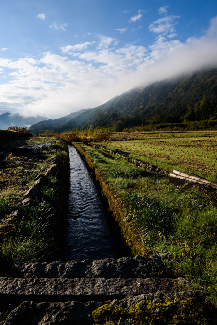 古い用水路が流れる里山の農地の風景 Scenery of farmland with old irrigation canals running through it.